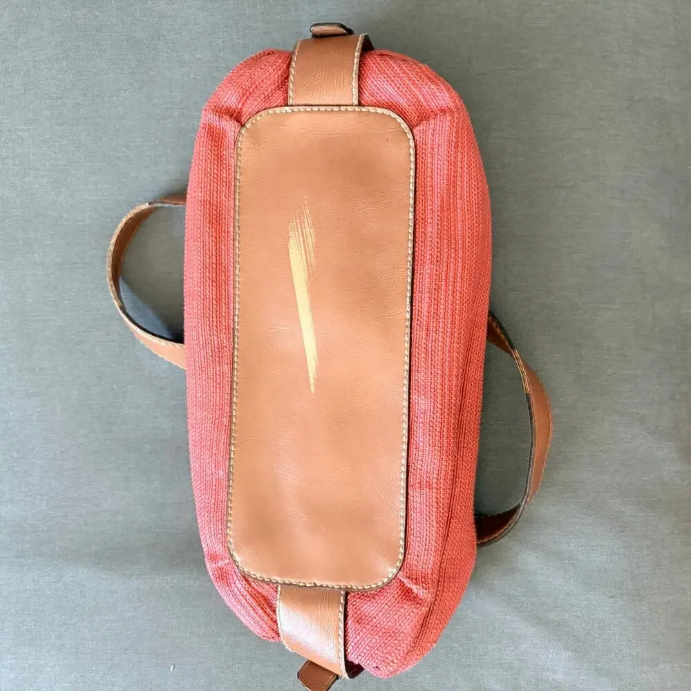 Fossil Y2K Coral Woven Leather Shoulder Bag Floral Lining Boho Handbag